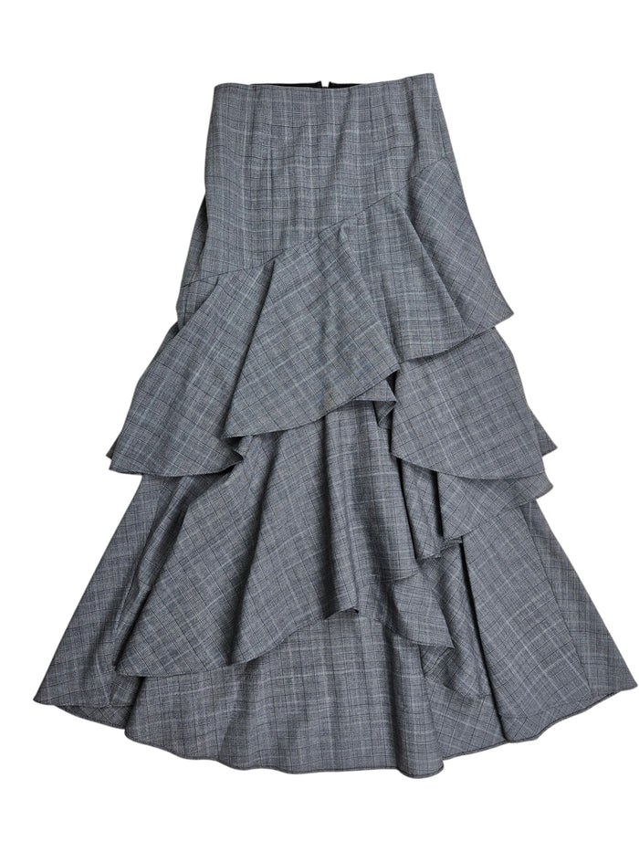 Grey Checkered Ruffles Layering Long Skirt