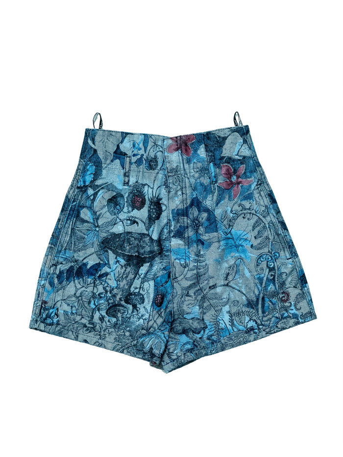 Blue Overall Botanical Printed Denim Shorts