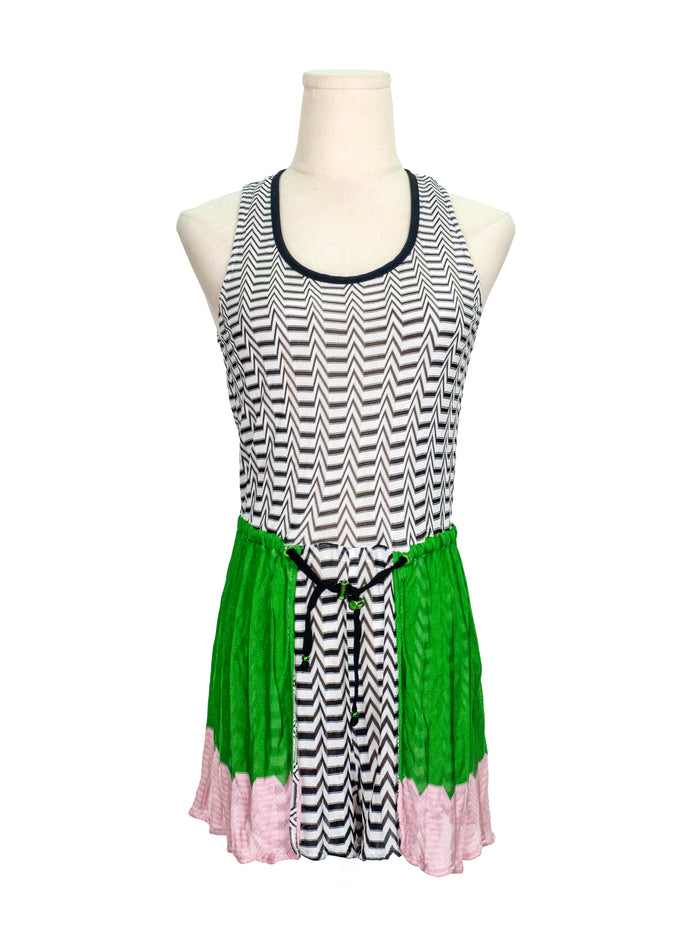 Black and White Geometric Print Jumpsuit with Green and Pink Patches on Side