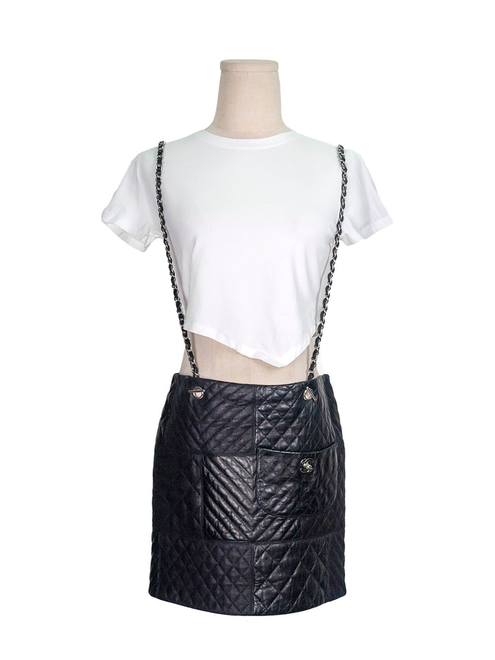 Black Quilted Lambskin Skirt With Chain Suspenders
