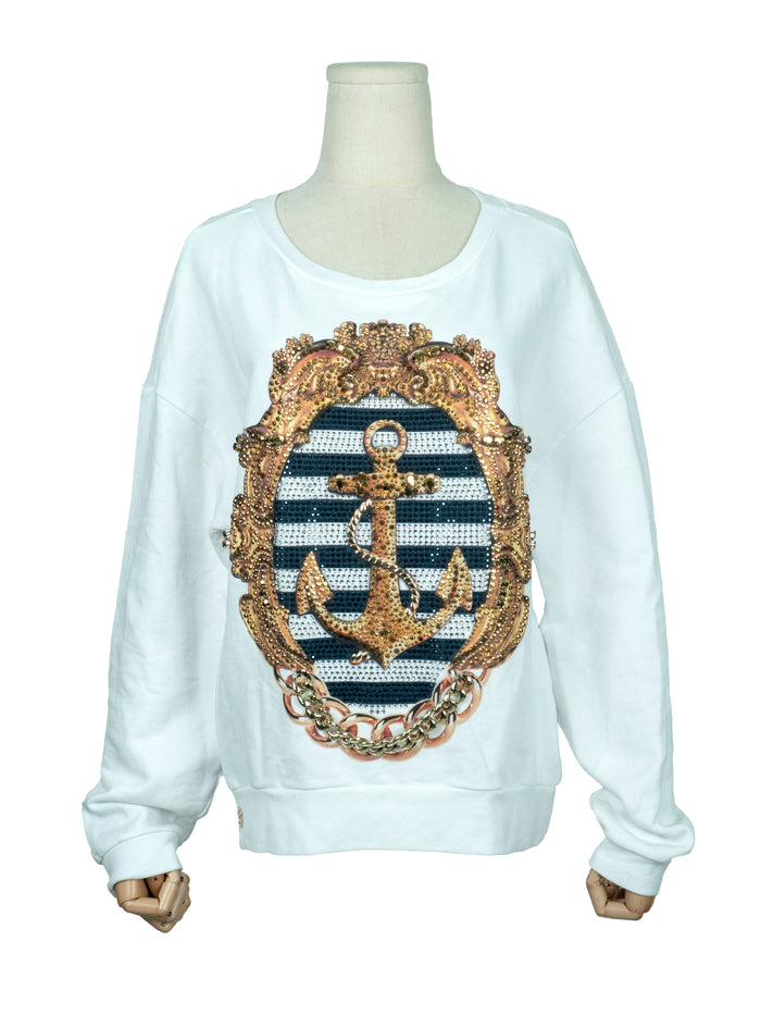 White Cotton Sweatshirt with Crystallized Anchor Print on the Front