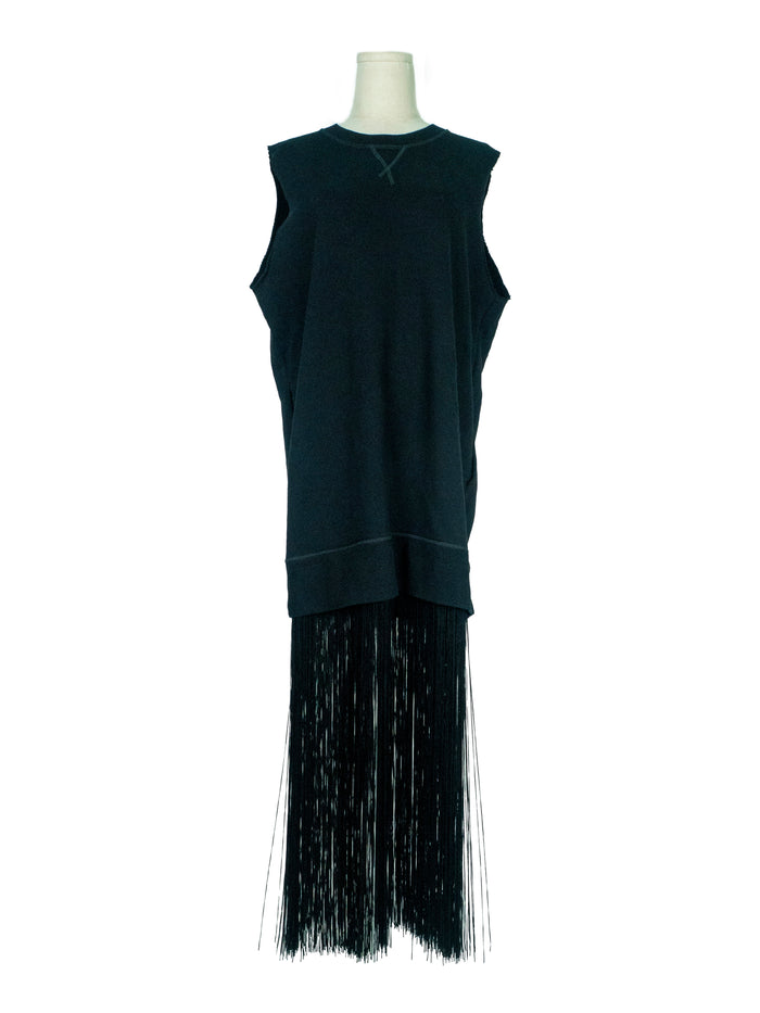 Black Cotton Sleeveless Dress with Fringe Ends