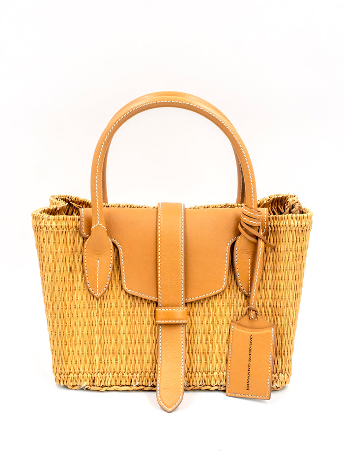 Woven Tote Bag with Leather Handle and a Logo Embossed Luggage Tag