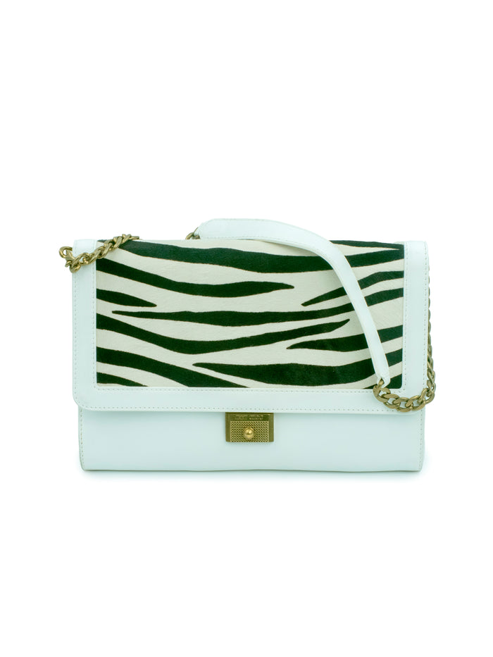White Leather Shoulder Bag with Zebra Print Calfhair on Flap