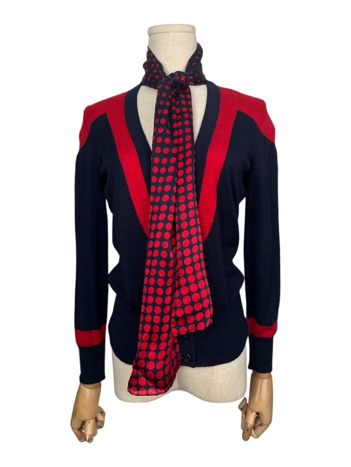 Navy And Red Cashmere Cardigan With Polka Dot Silk Neck Wrap