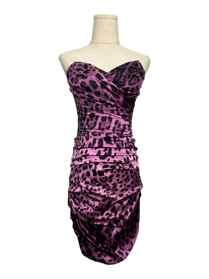 Purple Animal Print Silk Ruched Tube Dress