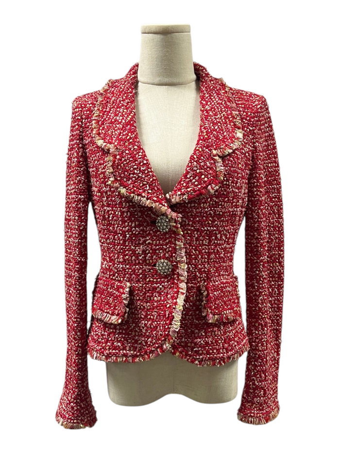 Red Tweed Blazer With Ornated Crystal Buttons