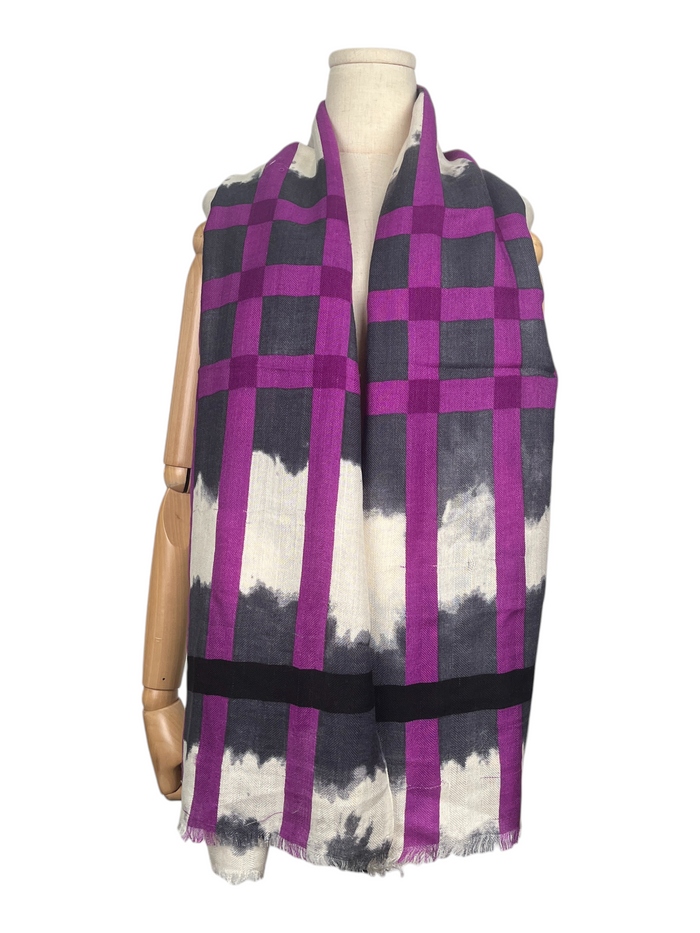 Burberry Grey And Purple Grid Print Cashmere Shawl