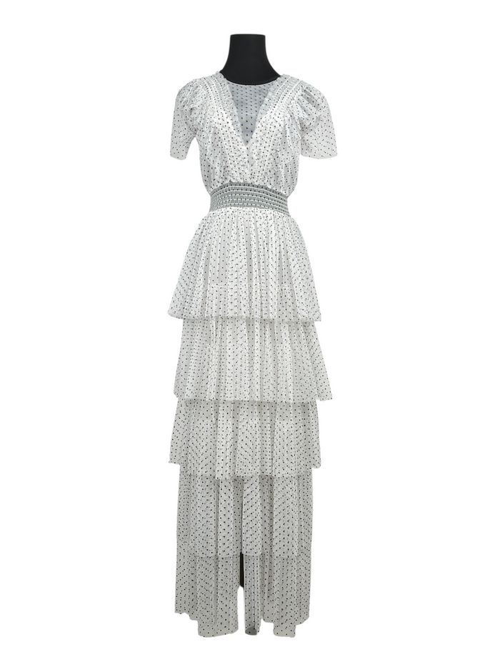 White And Black Polka Dots Mesh Long Ruffled Dress