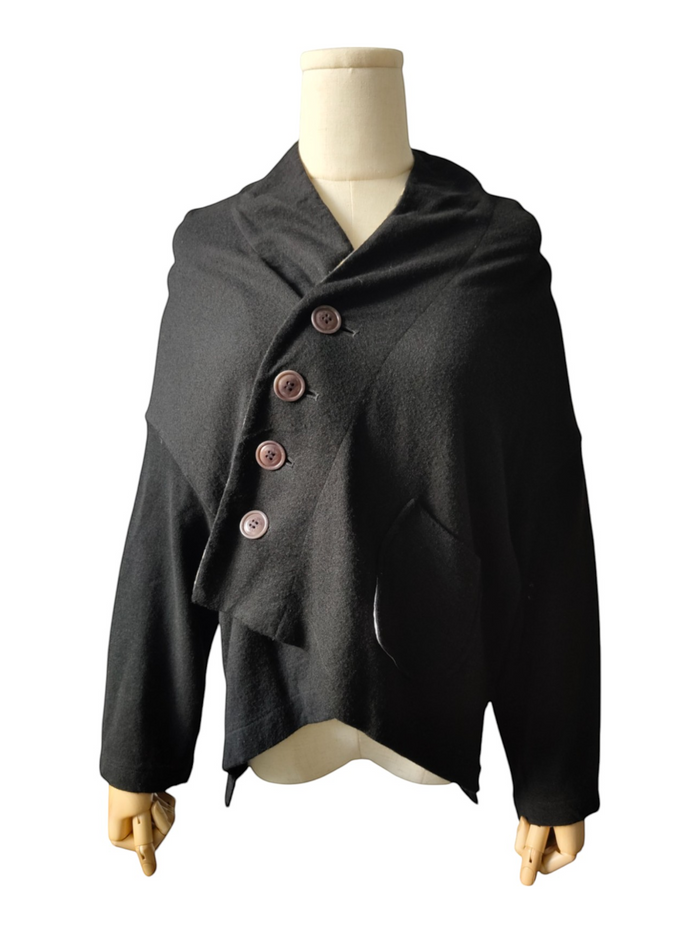 Black Thin Wool 4-Buttoned Cardigan