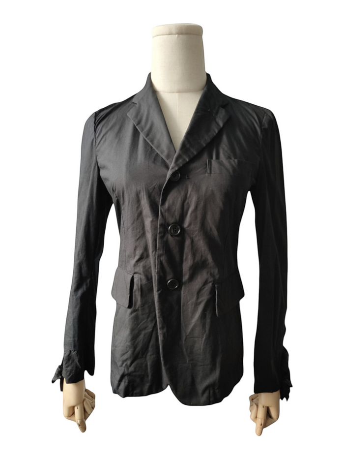 Black Cotton 3-Buttoned Jacket With Ruffles Sleeves