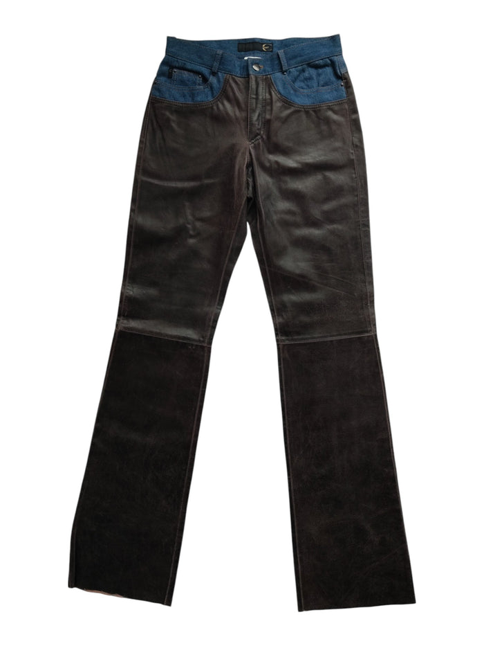 Brown Leather And Denim Mixed Straight Leg Pants