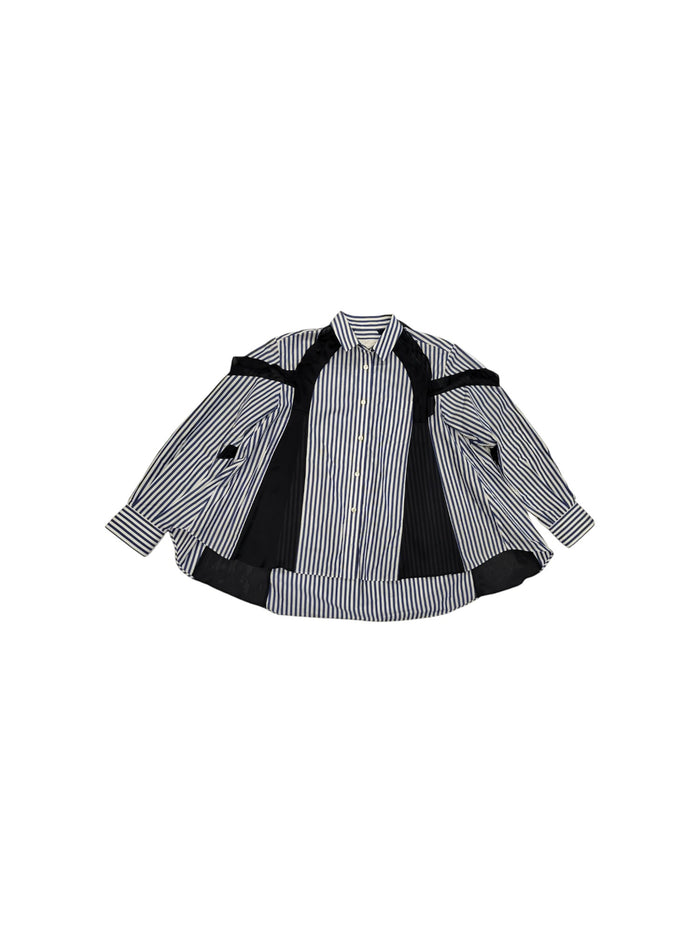 Blue And White Striped Shirt With Black Chiffon Details