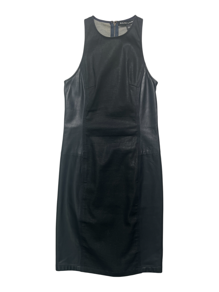 Black Denim Slim Dress With Leather Side Panels