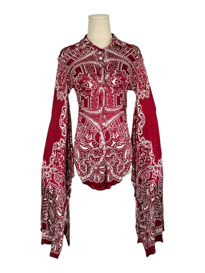 Burgundy Paisley Print Bell Sleeve Blouse