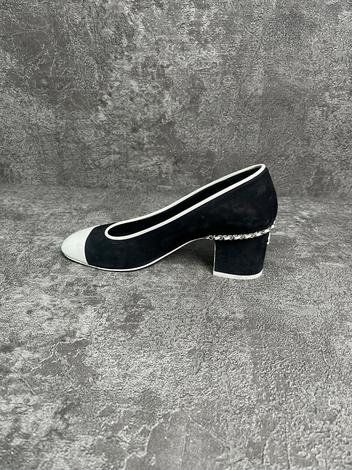 Black Suede Shoes With White Patent Cap Toe