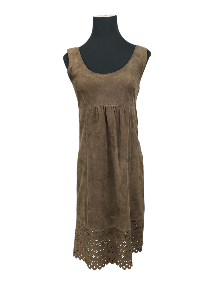 Olive Green Suede Dress With Laser Cut End