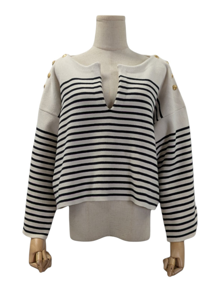 V-Neck Striped Knitted Top With Logo Buttons On Shoulders