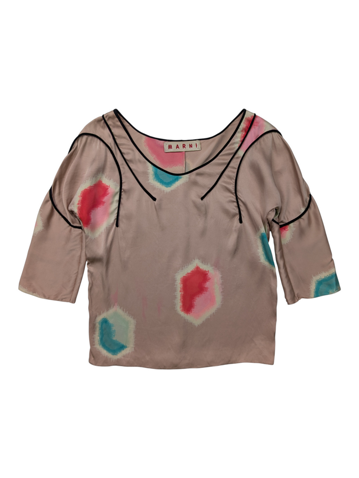 Pink And Floral Top With Black Braiding