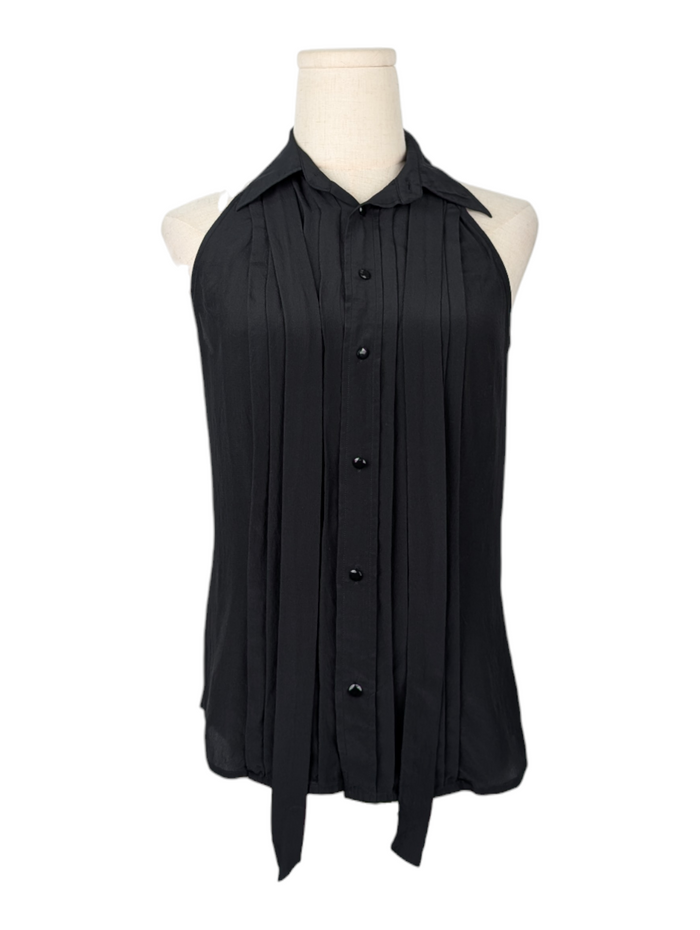 Black Sleeveless Top With Tie And Diamante Buttons