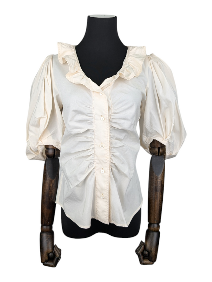 Beige Short Sleeve Blouse With Puff Sleeves