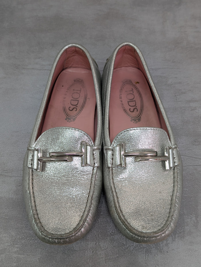 Tod's Silver Loafers
