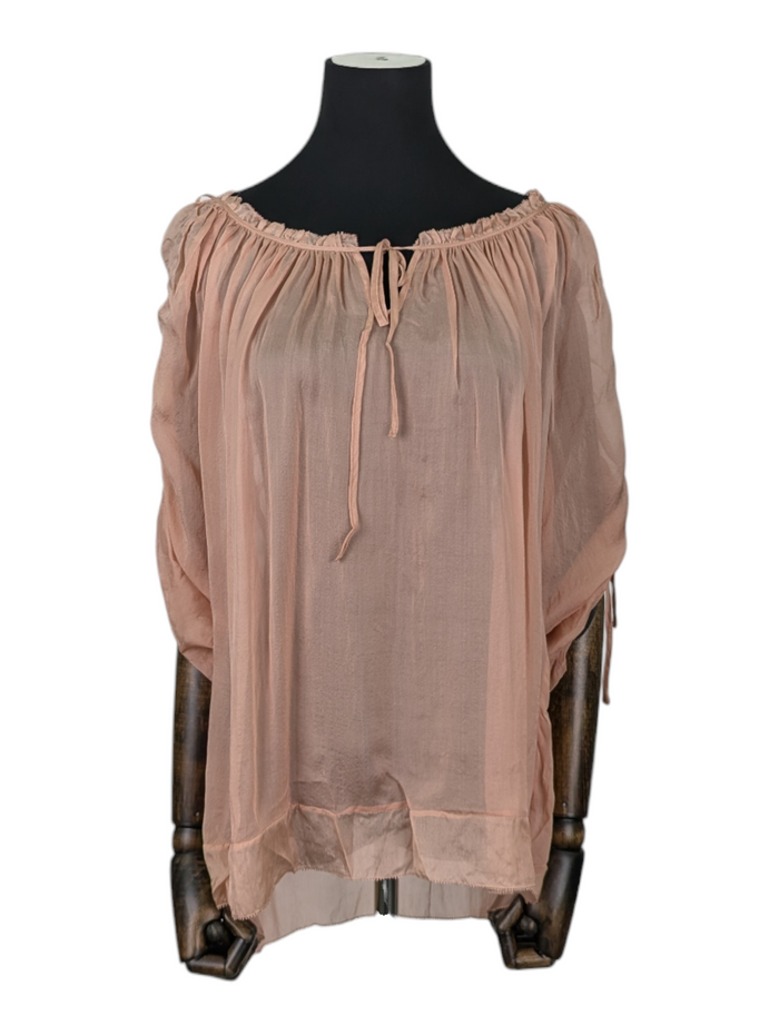 Salmon Pink Sheer Top with Drawstring Collar and Mid Sleeves