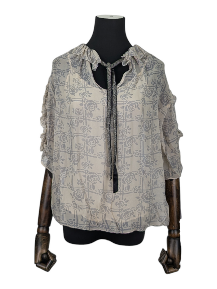 Beige Sheer Top with Navy Floral Overall Print