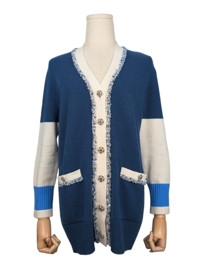 Blue And White Cardigan With Crystals