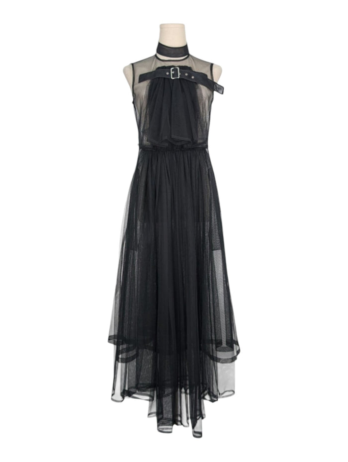 Black Mesh Dress with Ruffle Front