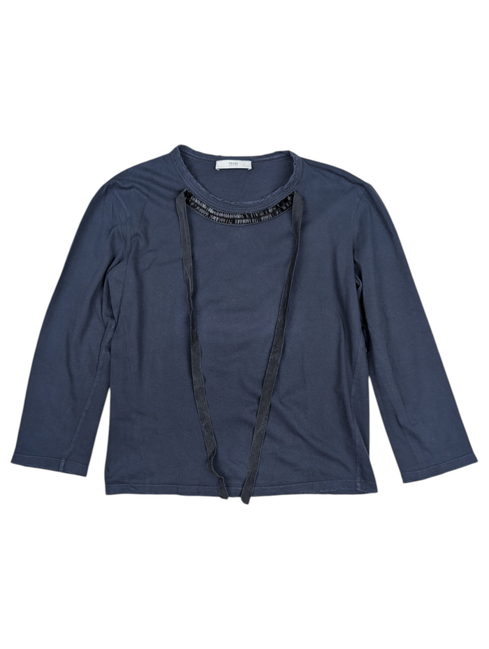 Navy Long Tee With Black Embellised Front Neckline