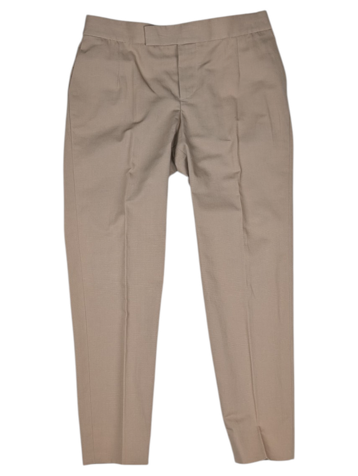 Beige Cotton And Linen Pants With Metal Clasp Closure And Slight Elastic Band At The Back