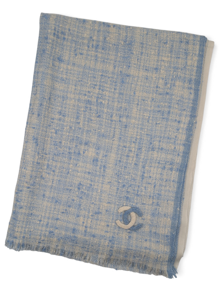 Light Blue And Beige Cashmere Woven Scarf With Embroidered Cc Logo