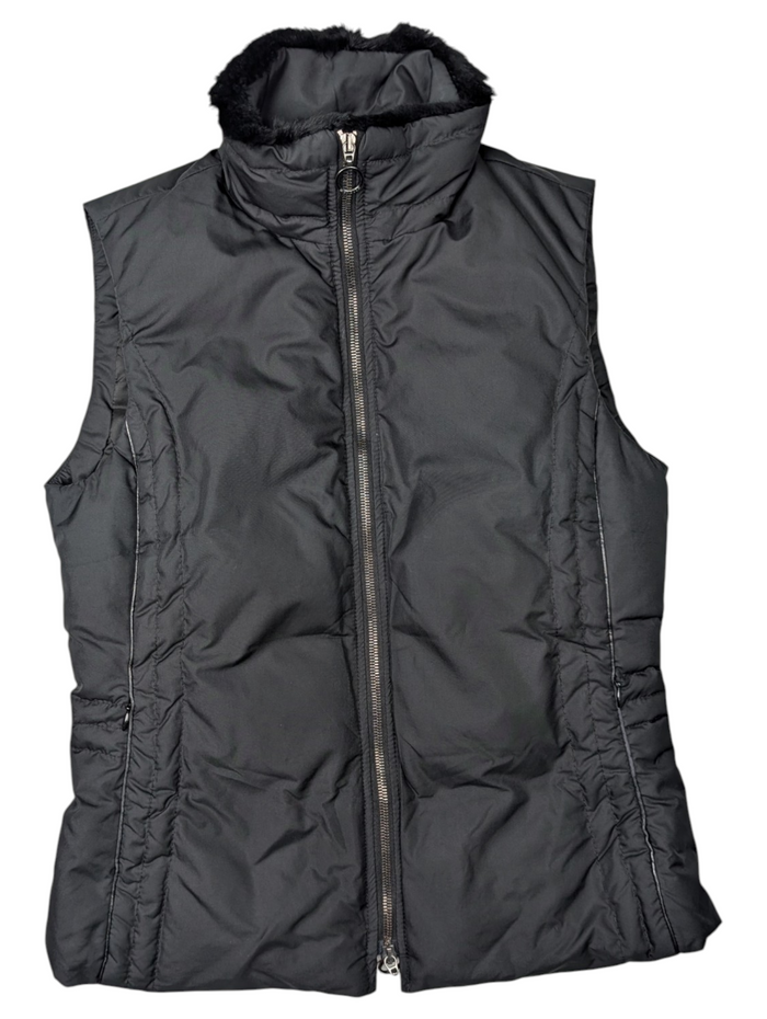 Black Puffer Vest Features Fur Trim On Collar And Circular Zipper Pull