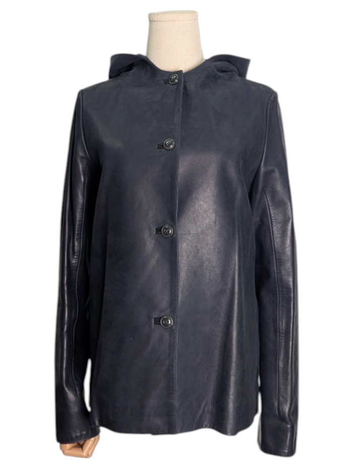 Navy Hooded Leather Jacket