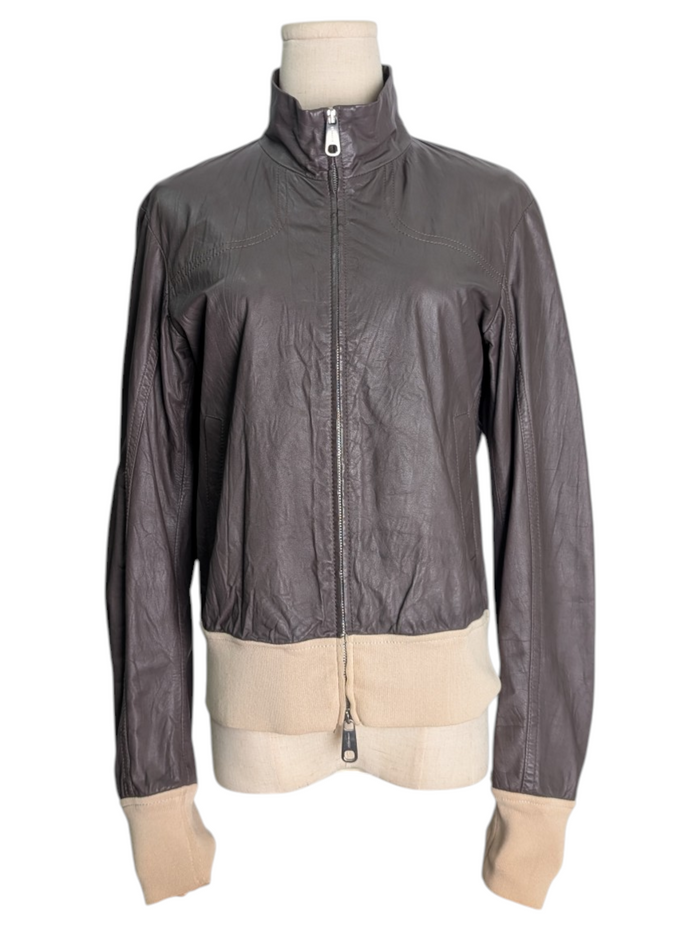 Taupe Leather Zip-Up Jacket With Beige Ribbed Sleeves And Bottom Ends