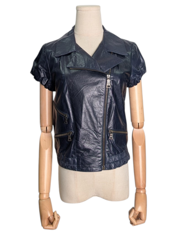 Navy Leather Puffed Short Sleeves Jacket