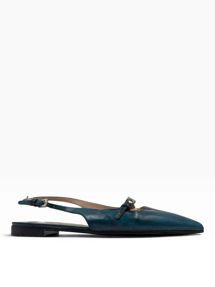 Emerald Green Leather Flat Pumps With Buckle