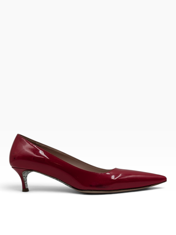 Red Patent Leather Point-Toe Heels With Bedazzled Sole