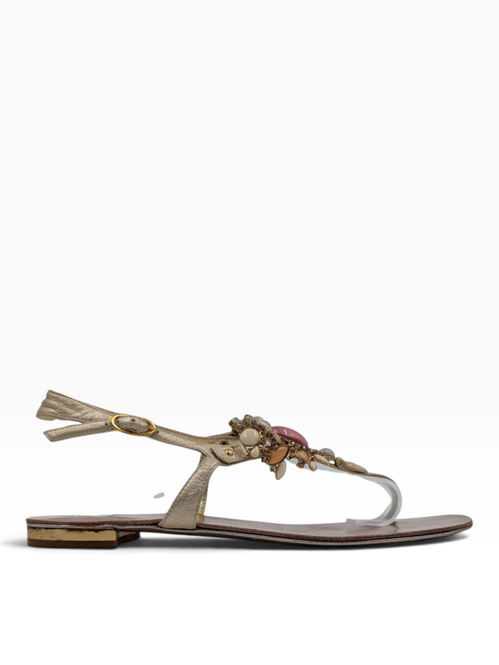 Pink Leather Sandals With Gemstome Embellishment
