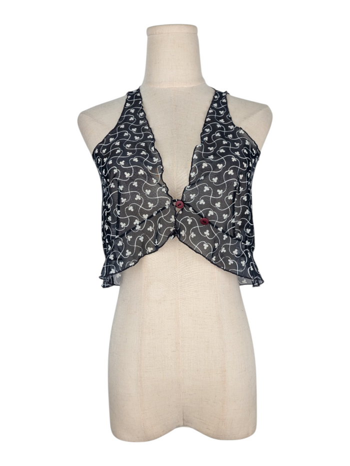 Blue Mesh Floral Clover Leaf See-Through Top