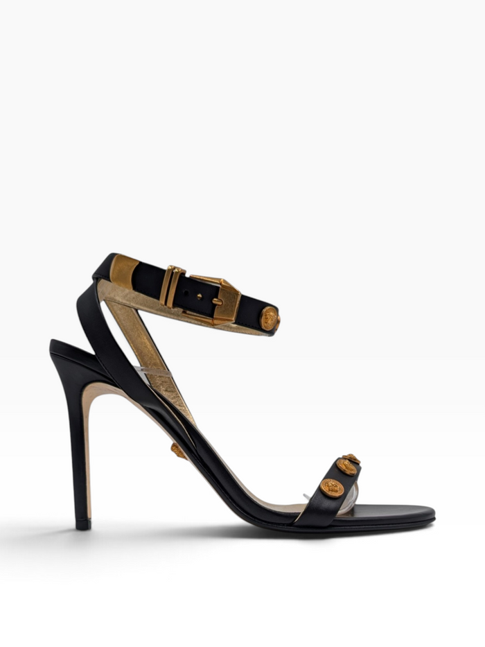 Black Leather Medusa Ankle Strap Open Toe Heels