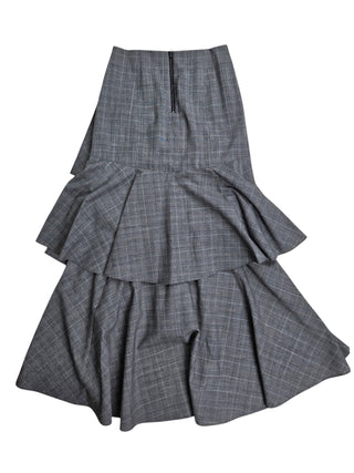 Grey Checkered Ruffles Layering Long Skirt
