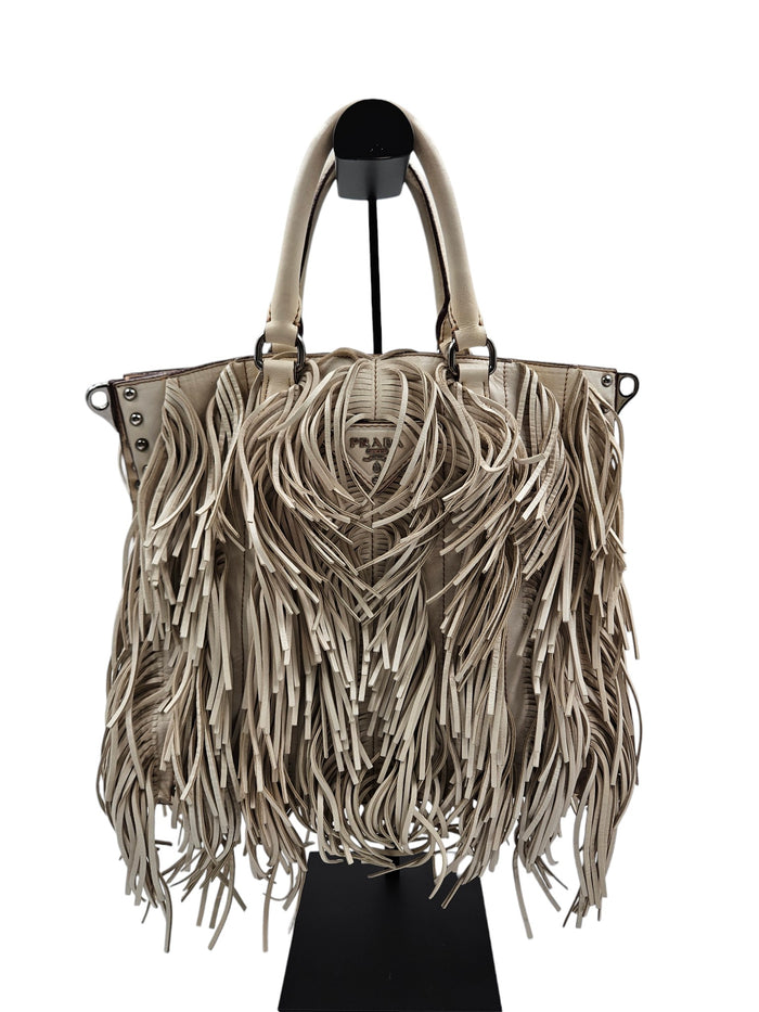 Beige Nappa Fringe Tote Bag