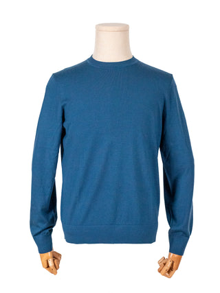 Blue Fine Wool Round Neck Pullover