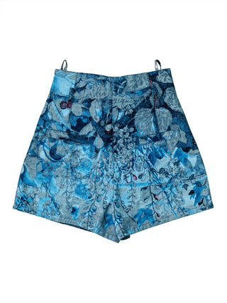 Blue Overall Botanical Printed Denim Shorts