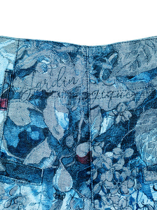 Blue Overall Botanical Printed Denim Shorts