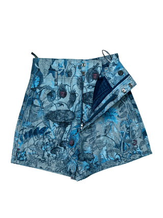 Blue Overall Botanical Printed Denim Shorts