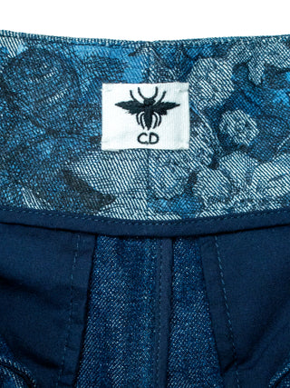 Blue Overall Botanical Printed Denim Shorts