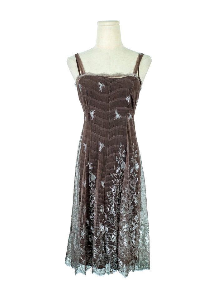 Taupe Slip Dress In Silver Lace